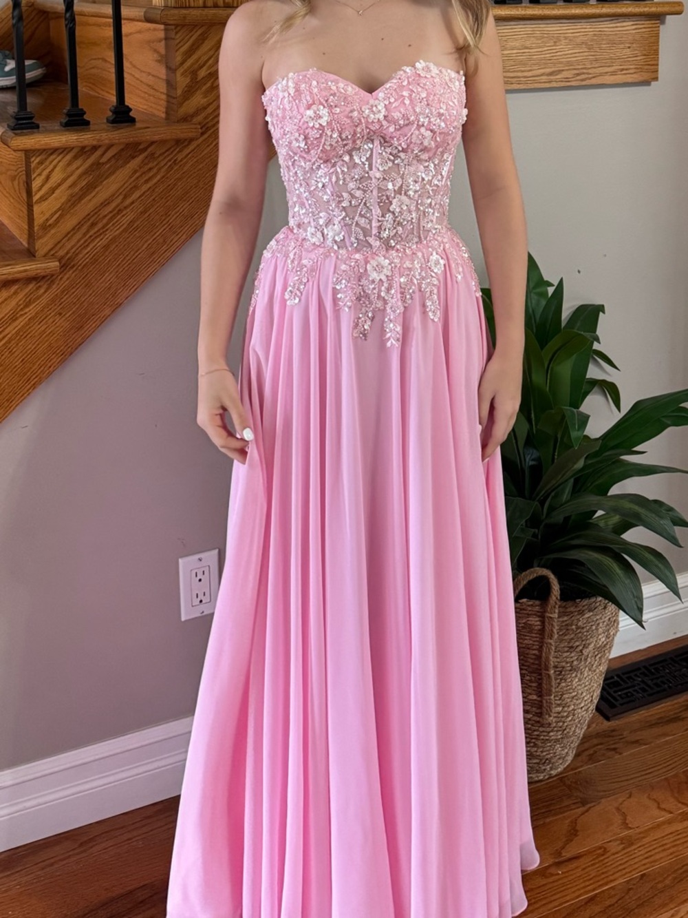 Strapless Pink Beaded Prom Gown